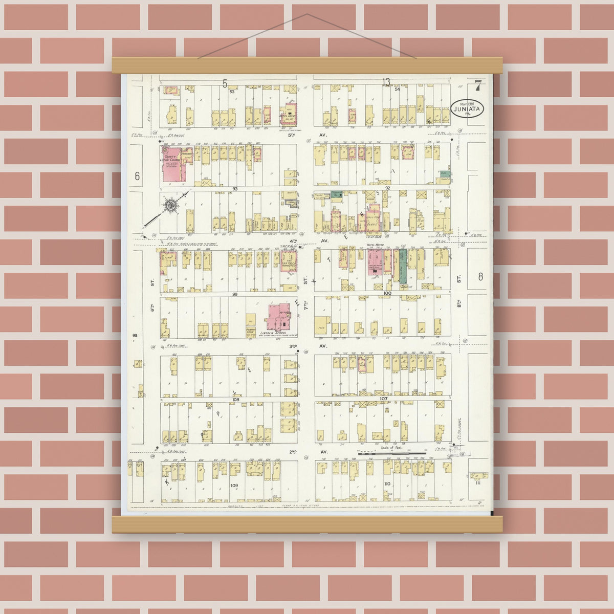 Old map wall art mockup — magnetic wood frame on brick wall — Sanborn Fire Insurance Map from Juniata, Blair County, Pennsylvania (1910), Sheet #0007