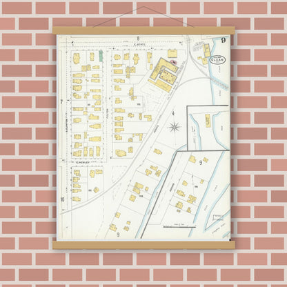 Old map wall art mockup — magnetic wood frame on brick wall — Sanborn Fire Insurance Map from Olean, Cattaraugus County, New York (1904), Sheet #0009