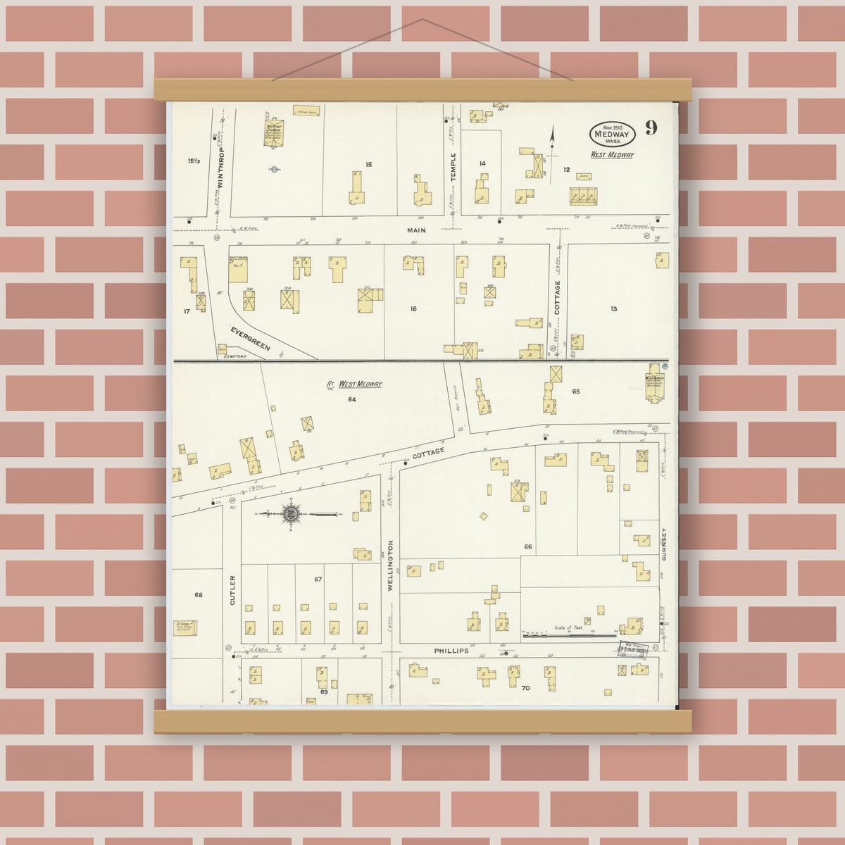 Old map wall art mockup — magnetic wood frame on brick wall — Sanborn Fire Insurance Map from Medway, Norfolk County, Massachusetts (1910), Sheet #0009