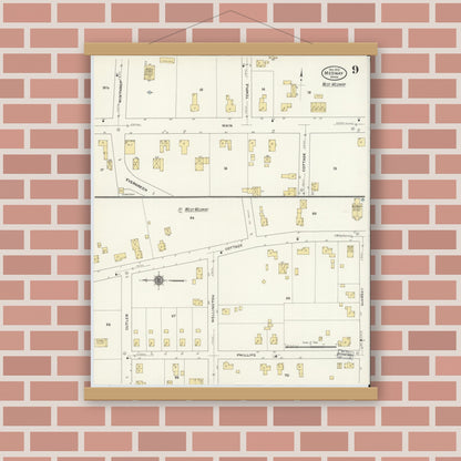 Old map wall art mockup — magnetic wood frame on brick wall — Sanborn Fire Insurance Map from Medway, Norfolk County, Massachusetts (1910), Sheet #0009