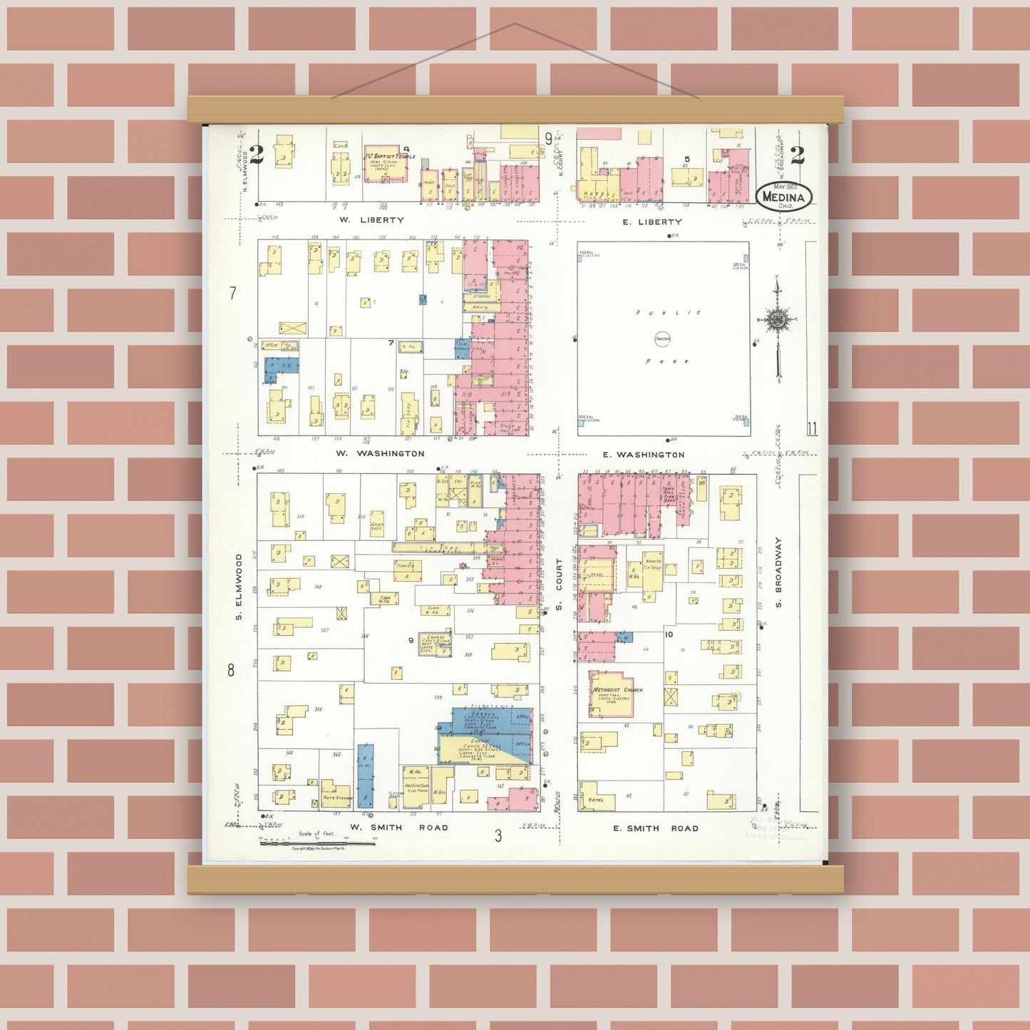 Old map wall art mockup — magnetic wood frame on brick wall — Sanborn Fire Insurance Map from Medina, Medina County, Ohio (1923), Sheet #0002
