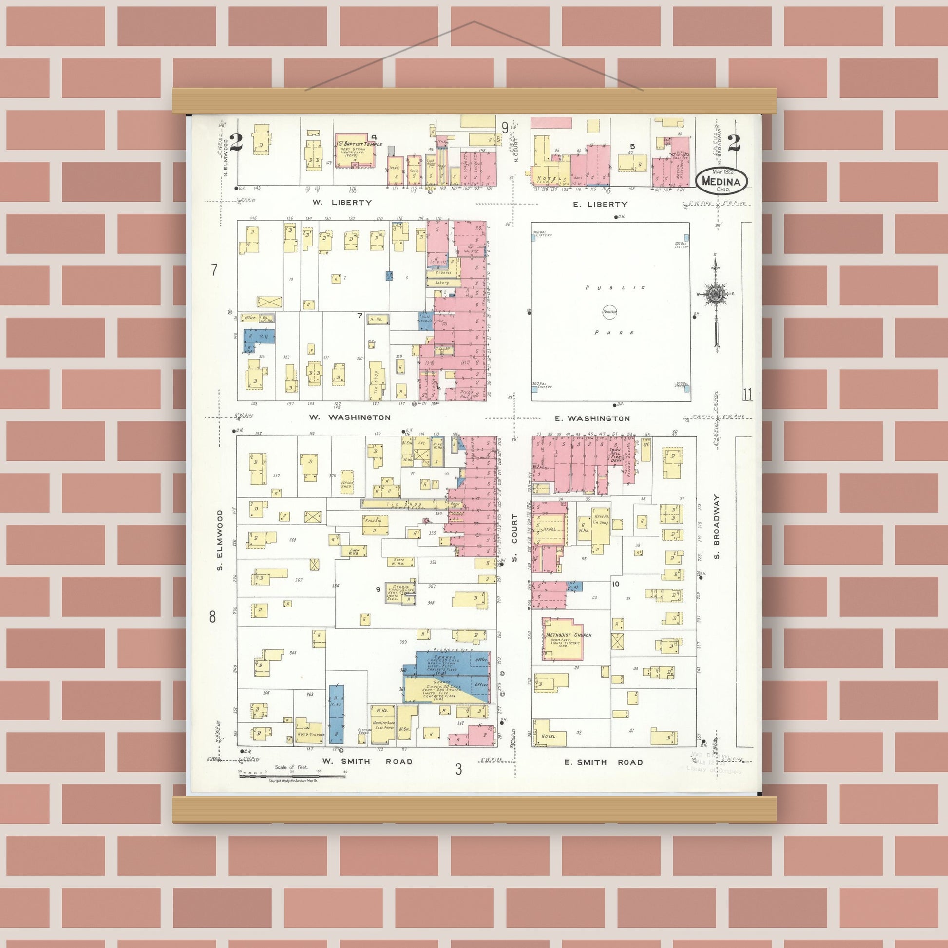 Old map wall art mockup — magnetic wood frame on brick wall — Sanborn Fire Insurance Map from Medina, Medina County, Ohio (1923), Sheet #0002