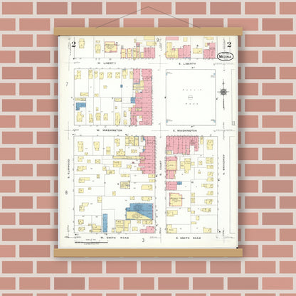 Old map wall art mockup — magnetic wood frame on brick wall — Sanborn Fire Insurance Map from Medina, Medina County, Ohio (1923), Sheet #0002