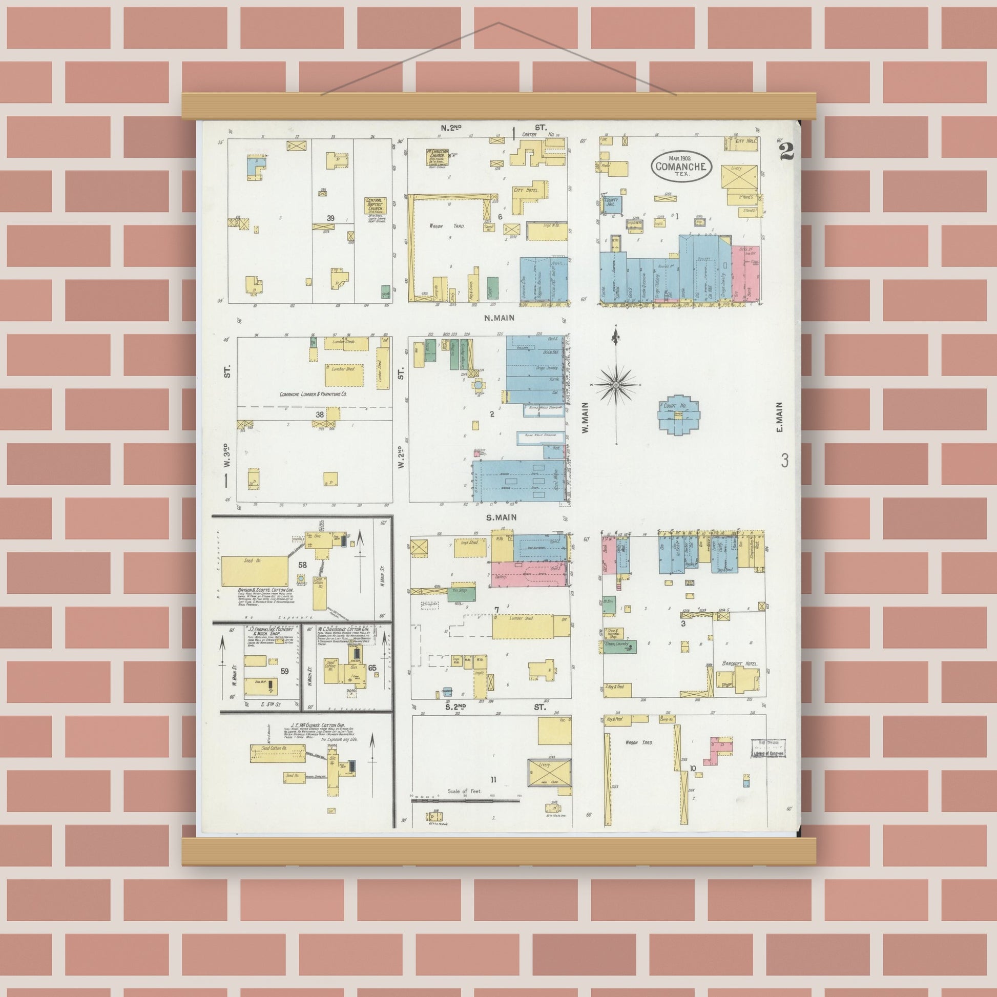 Old map wall art mockup — magnetic wood frame on brick wall — Sanborn Fire Insurance Map from Comanche, Comanche County, Texas (1902), Sheet #0002