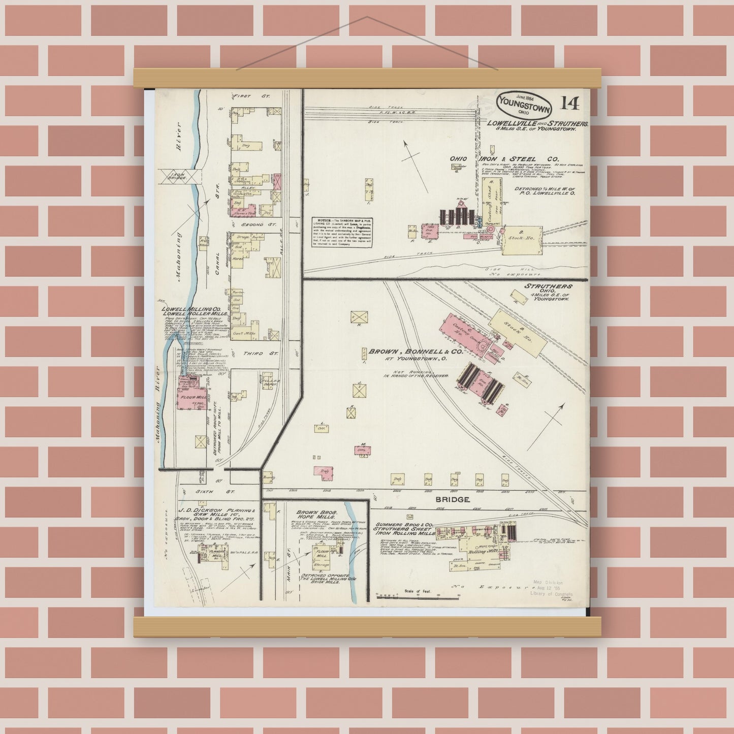 Old map wall art mockup — magnetic wood frame on brick wall — Sanborn Fire Insurance Map from Youngstown, Mahoning County, Ohio (1884), Sheet #0014