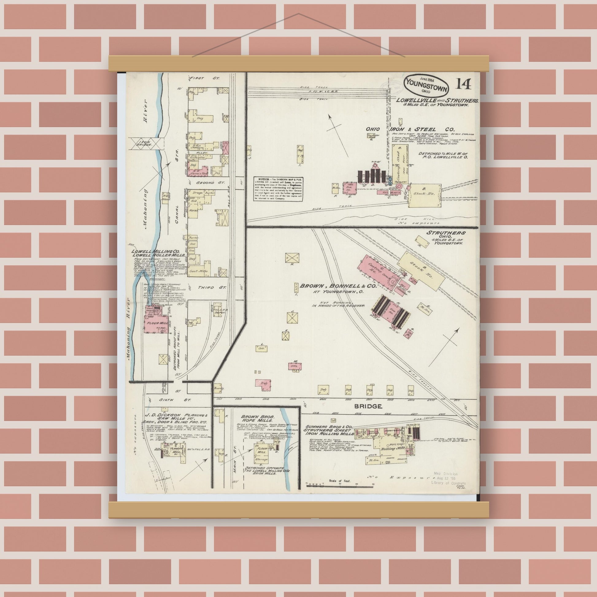 Old map wall art mockup — magnetic wood frame on brick wall — Sanborn Fire Insurance Map from Youngstown, Mahoning County, Ohio (1884), Sheet #0014