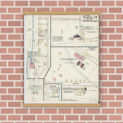 Old map wall art mockup — magnetic wood frame on brick wall — Sanborn Fire Insurance Map from Youngstown, Mahoning County, Ohio (1884), Sheet #0014