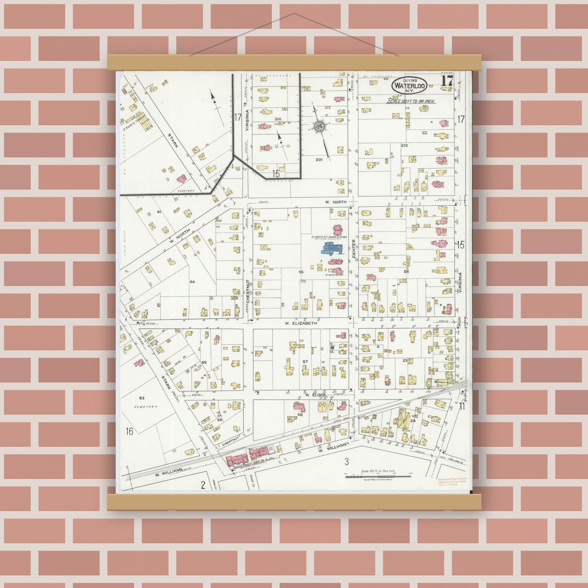 Old map wall art mockup — magnetic wood frame on brick wall — Sanborn Fire Insurance Map from Waterloo, Seneca County, New York (1918), Sheet #0017