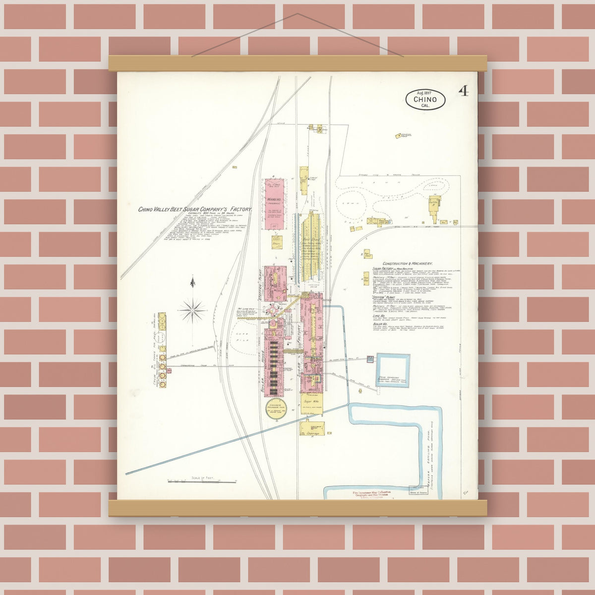 Old map wall art mockup — magnetic wood frame on brick wall — Sanborn Fire Insurance Map from Chino, San Bernardino County, California (1897), Sheet #0004