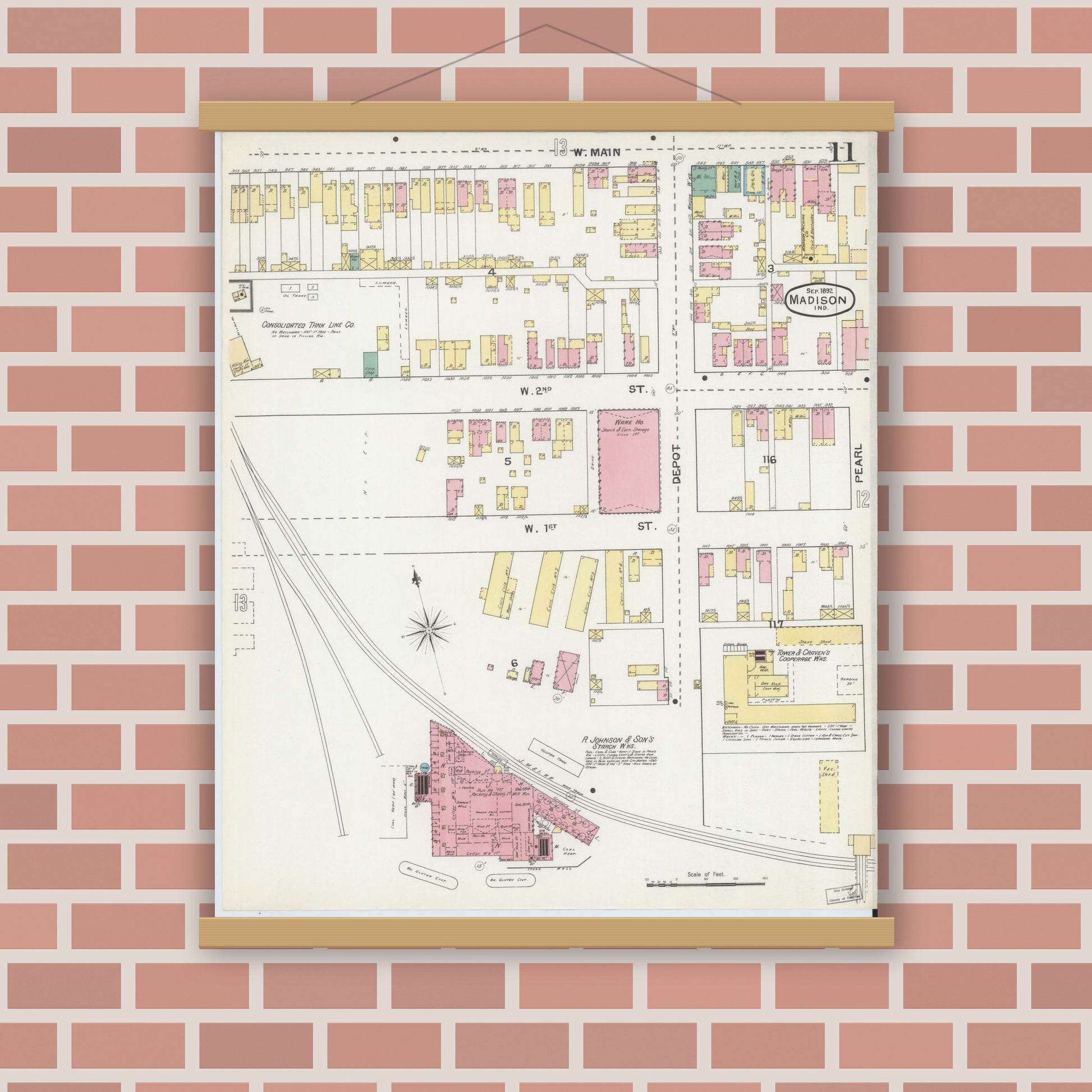 Old map wall art mockup — magnetic wood frame on brick wall — Sanborn Fire Insurance Map from Madison, Jefferson County, Indiana (1892), Sheet #0011