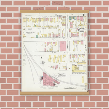 Old map wall art mockup — magnetic wood frame on brick wall — Sanborn Fire Insurance Map from Madison, Jefferson County, Indiana (1892), Sheet #0011