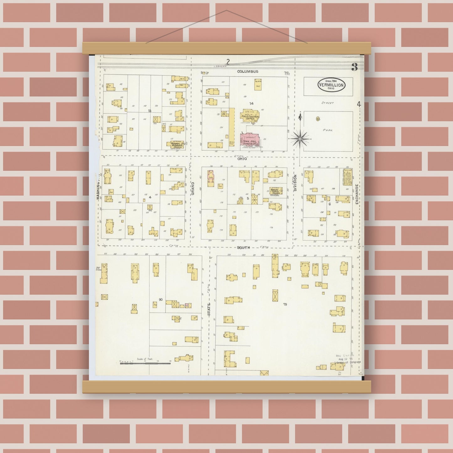 Old map wall art mockup — magnetic wood frame on brick wall — Sanborn Fire Insurance Map from Vermillion, Erie County, Ohio (1904), Sheet #0003