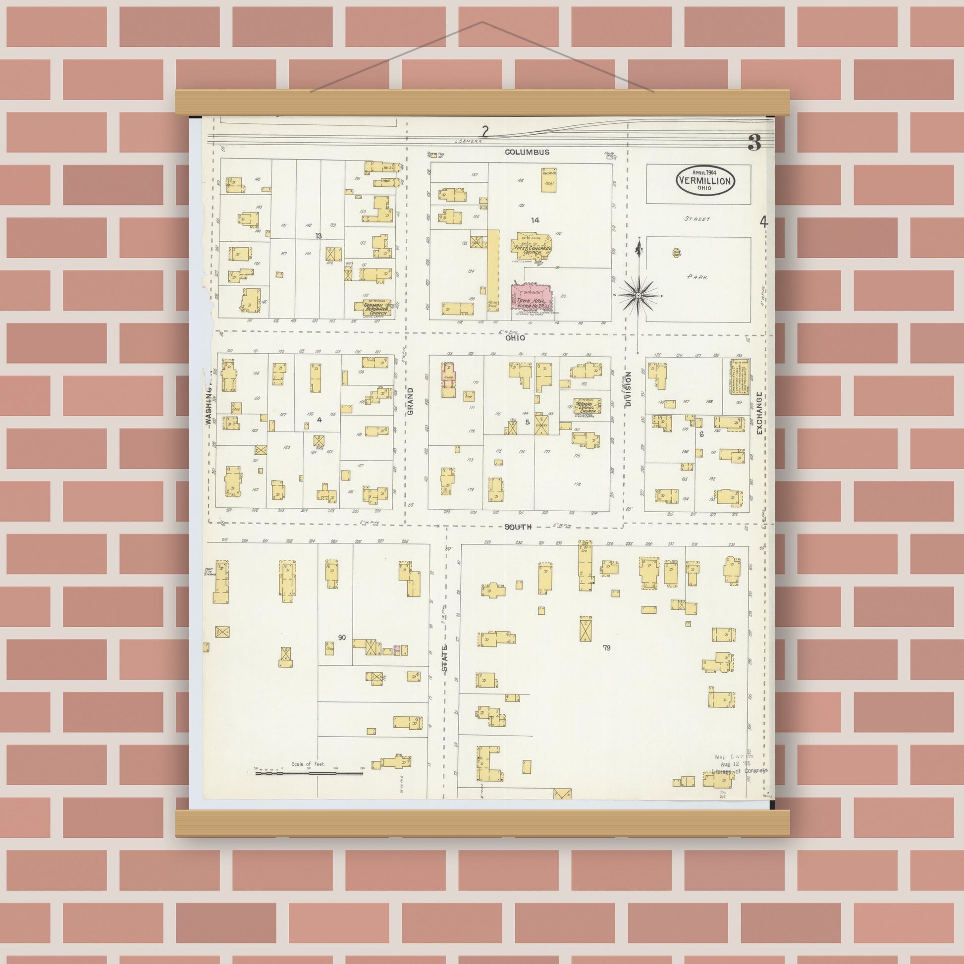 Old map wall art mockup — magnetic wood frame on brick wall — Sanborn Fire Insurance Map from Vermillion, Erie County, Ohio (1904), Sheet #0003