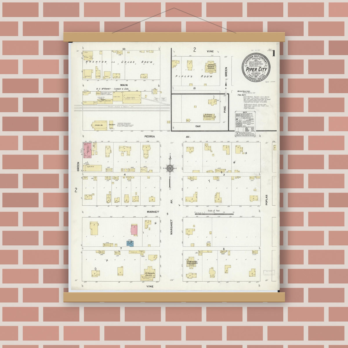 Old map wall art mockup — magnetic wood frame on brick wall — Sanborn Fire Insurance Map from Piper City, Ford County, Illinois (1911) - Complete Map Set