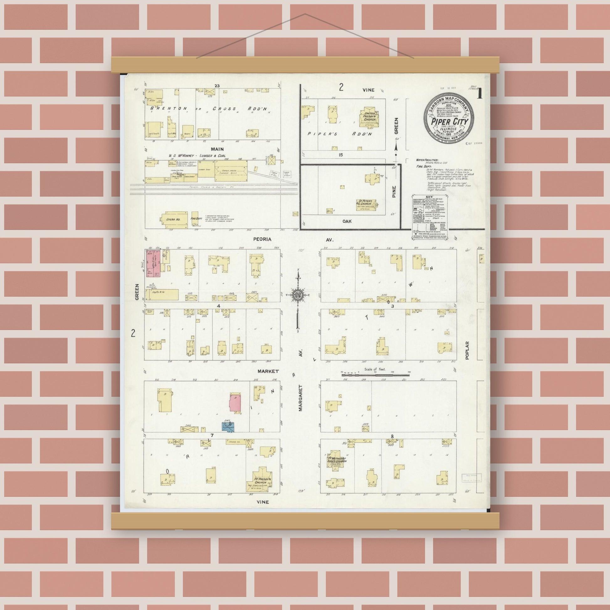 Old map wall art mockup — magnetic wood frame on brick wall — Sanborn Fire Insurance Map from Piper City, Ford County, Illinois (1911) - Complete Map Set