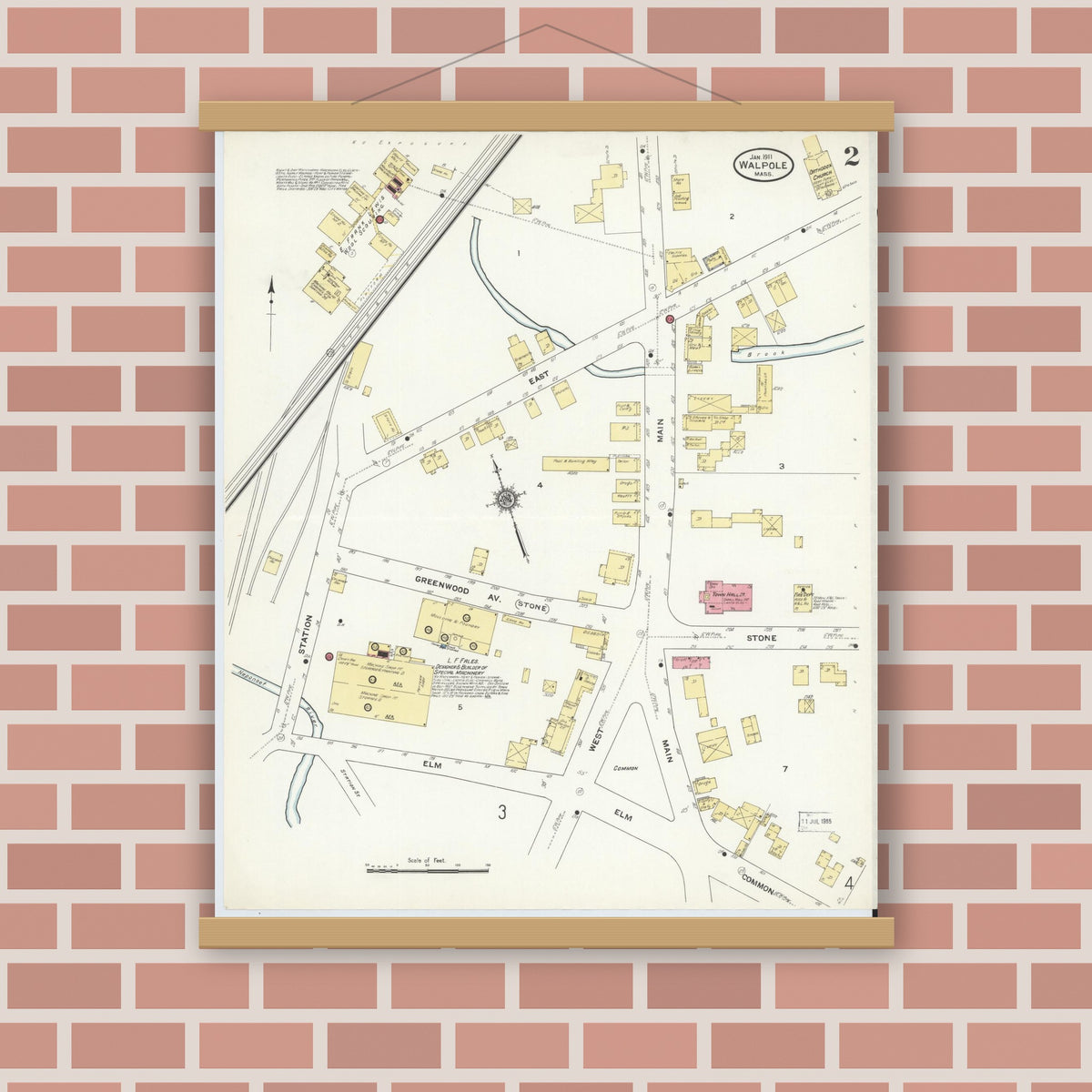 Old map wall art mockup — magnetic wood frame on brick wall — Sanborn Fire Insurance Map from Walpole, Norfolk County, Massachusetts (1911), Sheet #0002