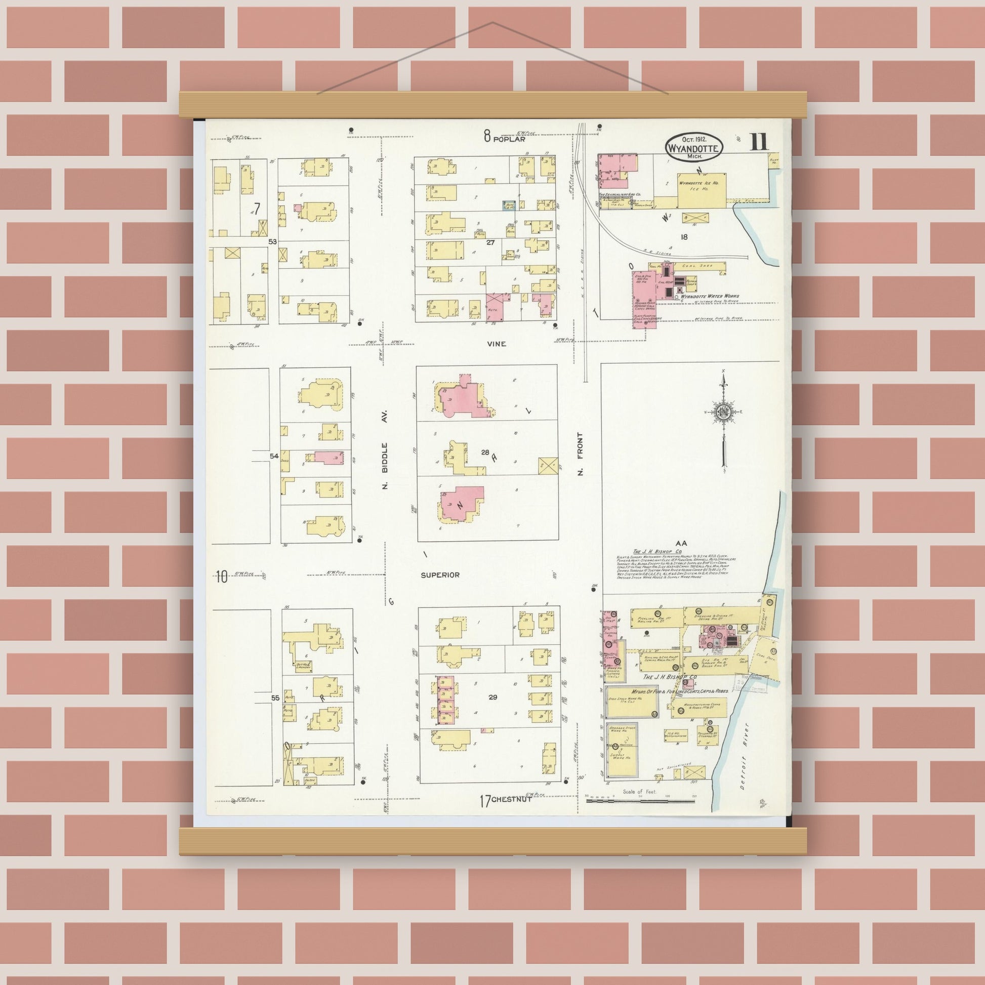 Old map wall art mockup — magnetic wood frame on brick wall — Sanborn Fire Insurance Map from Wyandotte, Wayne County, Michigan (1912), Sheet #0011