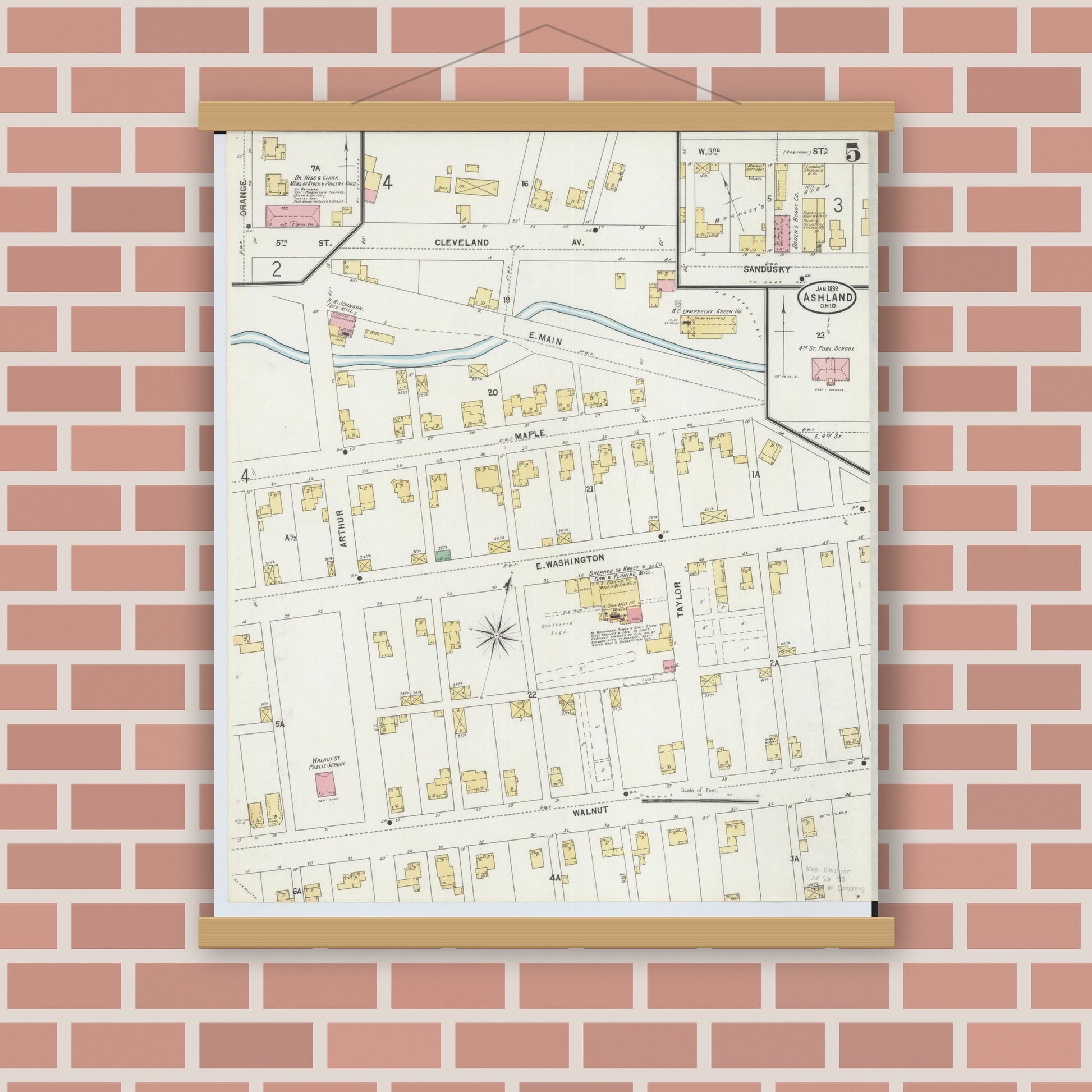 Old map wall art mockup — magnetic wood frame on brick wall — Sanborn Fire Insurance Map from Ashland, Ashland County, Ohio (1899), Sheet #0005