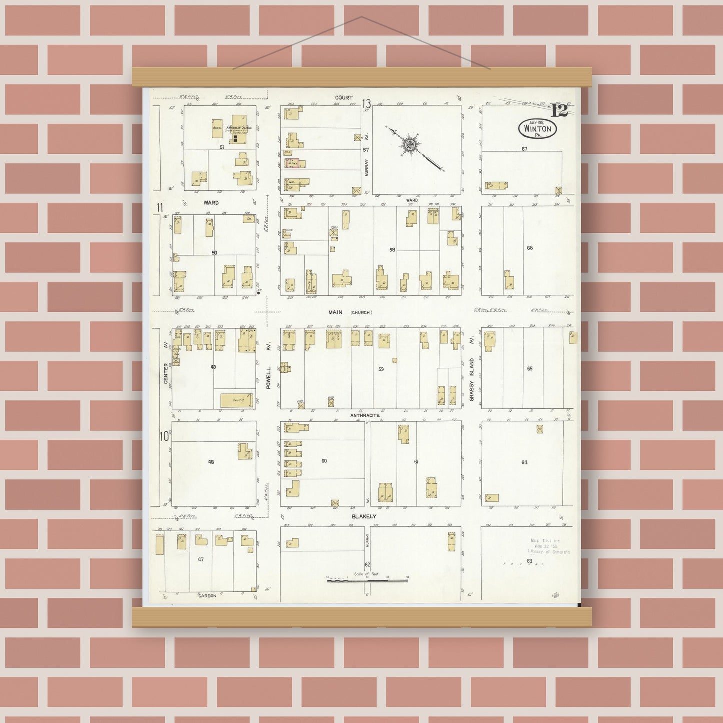 Old map wall art mockup — magnetic wood frame on brick wall — Sanborn Fire Insurance Map from Winton, Lackawanna County, Pennsylvania (1912), Sheet #0012