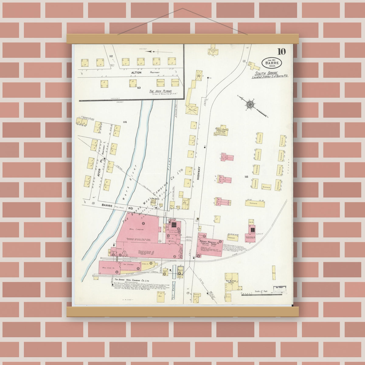 Old map wall art mockup — magnetic wood frame on brick wall — Sanborn Fire Insurance Map from Barre, Worcester County, Massachusetts (1911), Sheet #0010