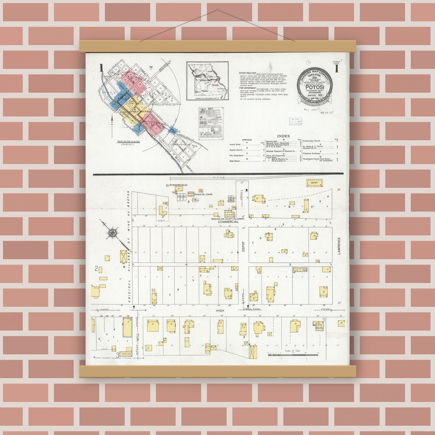 Old map wall art mockup — magnetic wood frame on brick wall — Sanborn Fire Insurance Map from Potosi, Washington County, Missouri (1929) - Complete Map Set