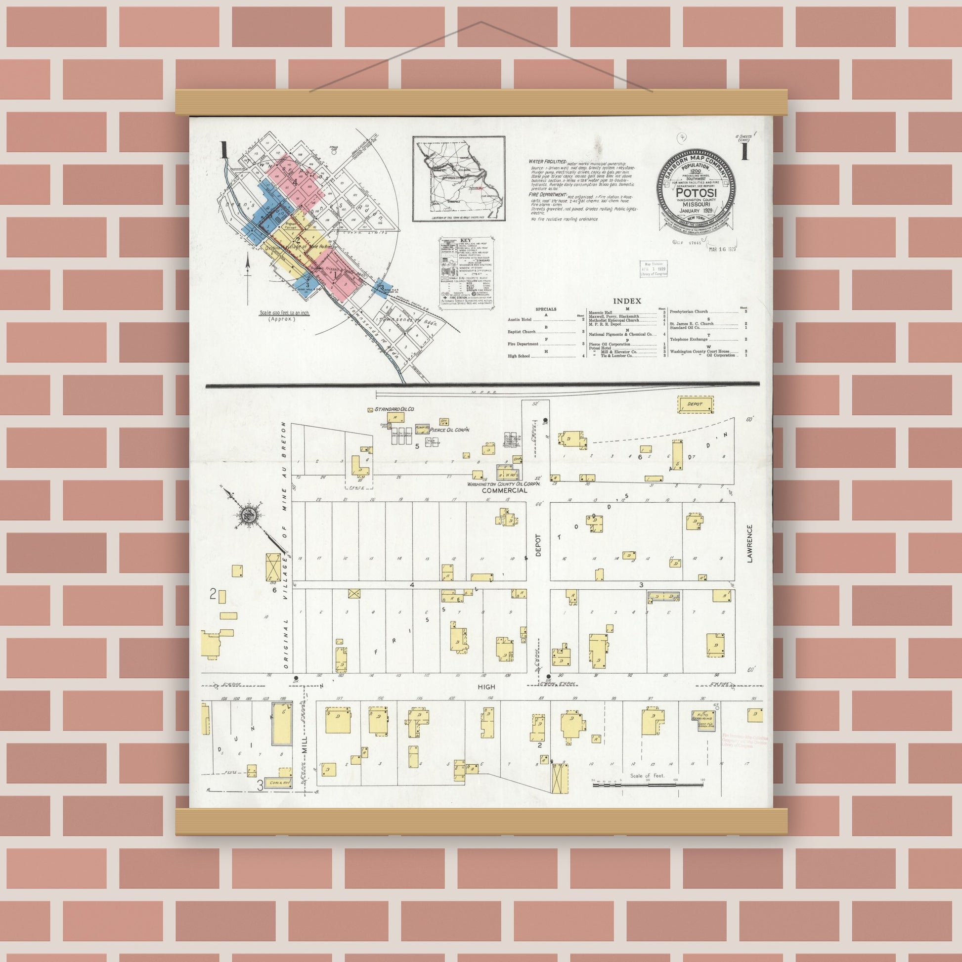 Old map wall art mockup — magnetic wood frame on brick wall — Sanborn Fire Insurance Map from Potosi, Washington County, Missouri (1929) - Complete Map Set