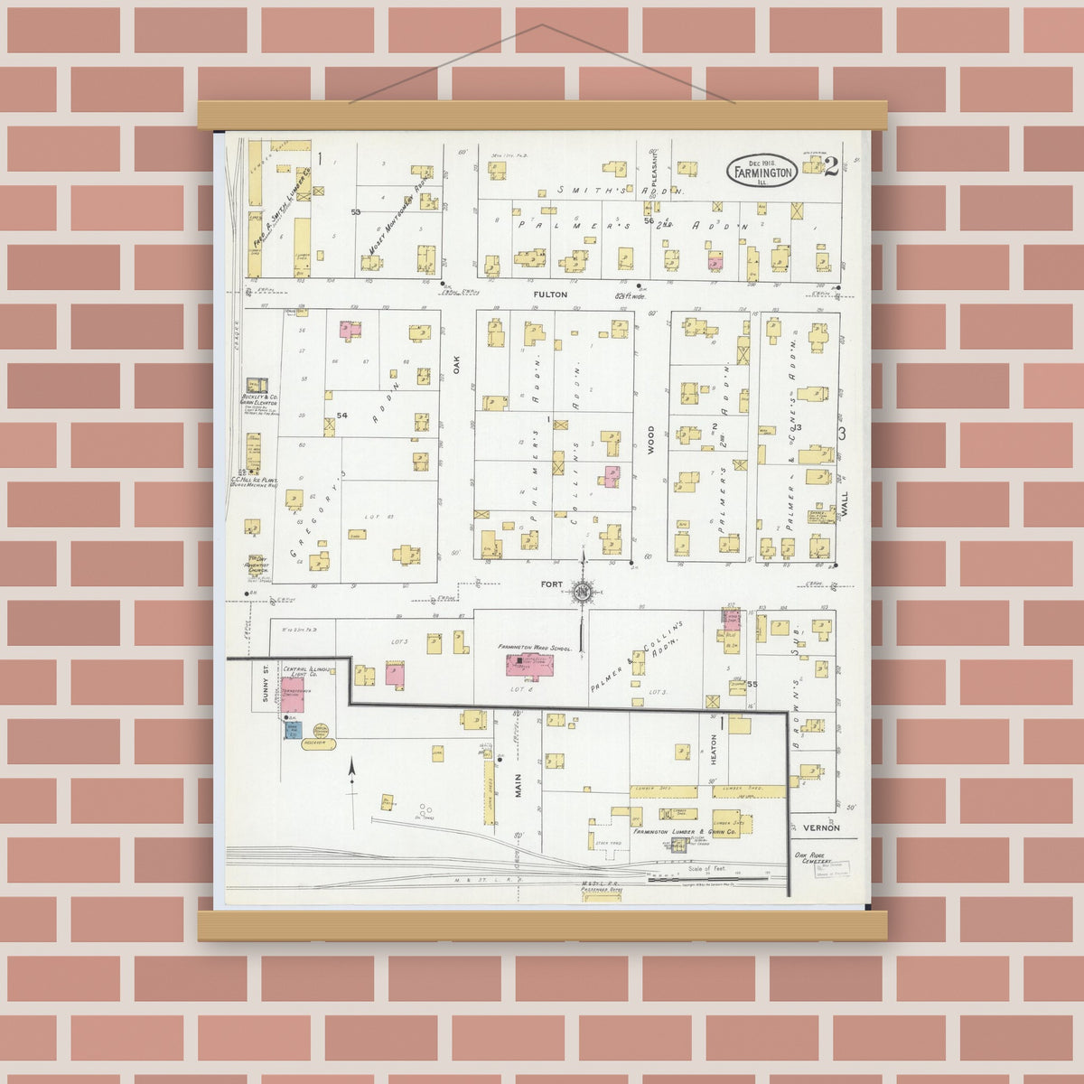 Old map wall art mockup — magnetic wood frame on brick wall — Sanborn Fire Insurance Map from Farmington, Fulton County, Illinois (1918), Sheet #0002