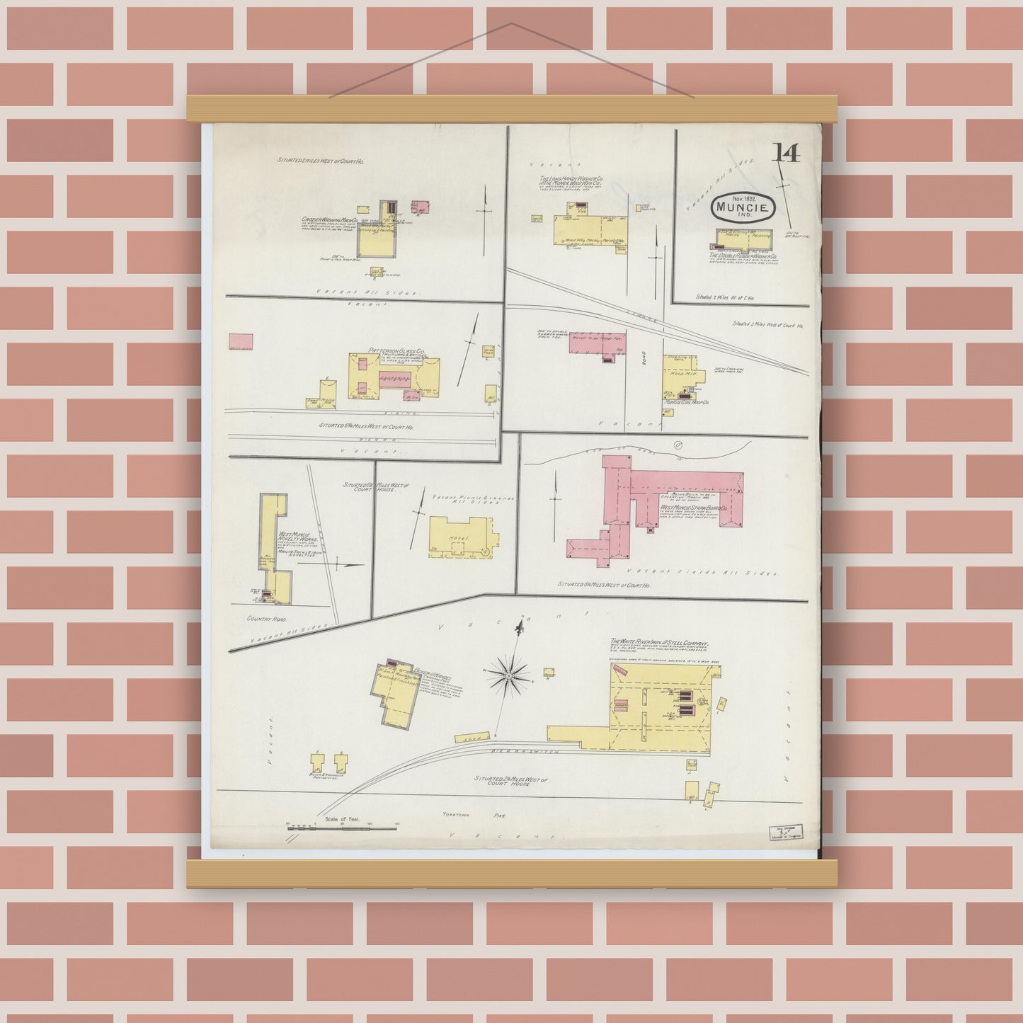 Old map wall art mockup — magnetic wood frame on brick wall — Sanborn Fire Insurance Map from Muncie, Delaware County, Indiana (1892), Sheet #0014