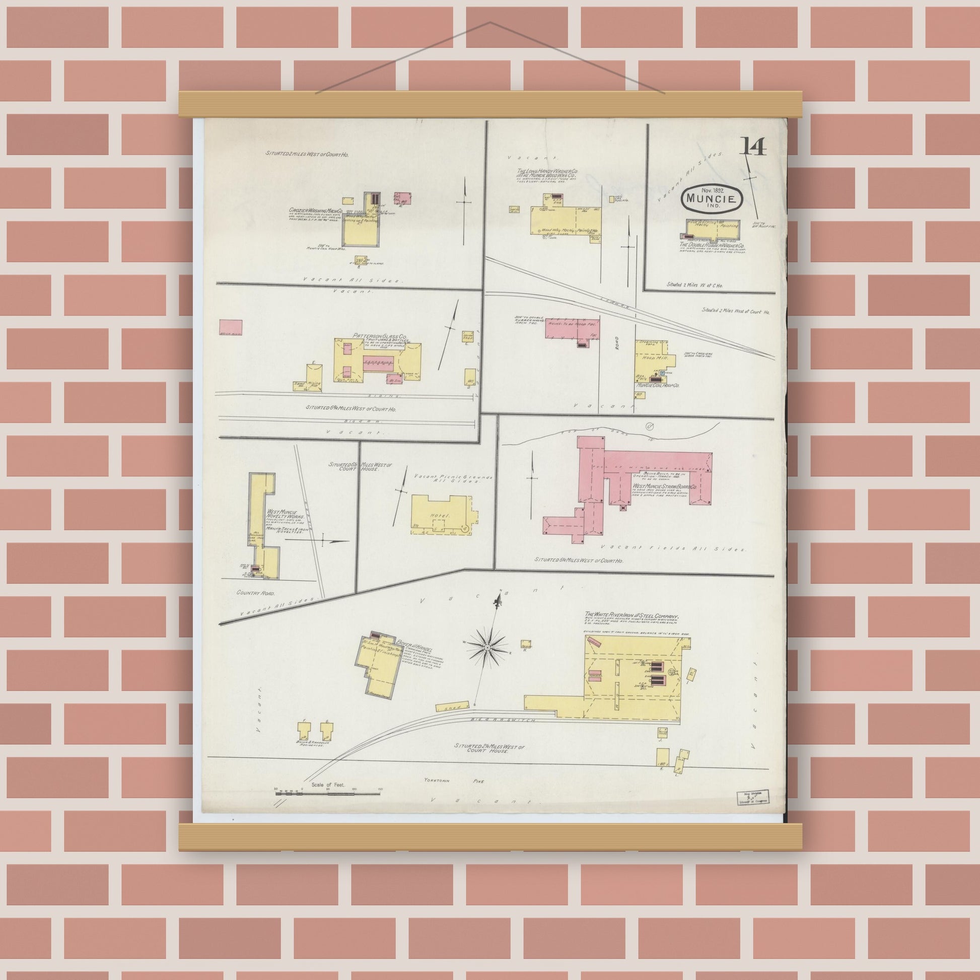Old map wall art mockup — magnetic wood frame on brick wall — Sanborn Fire Insurance Map from Muncie, Delaware County, Indiana (1892), Sheet #0014