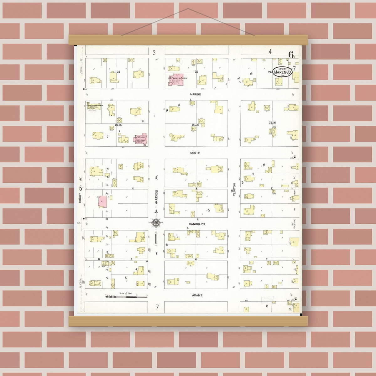 Old map wall art mockup — magnetic wood frame on brick wall — Sanborn Fire Insurance Map from Marengo, Iowa County, Iowa (1911), Sheet #0006