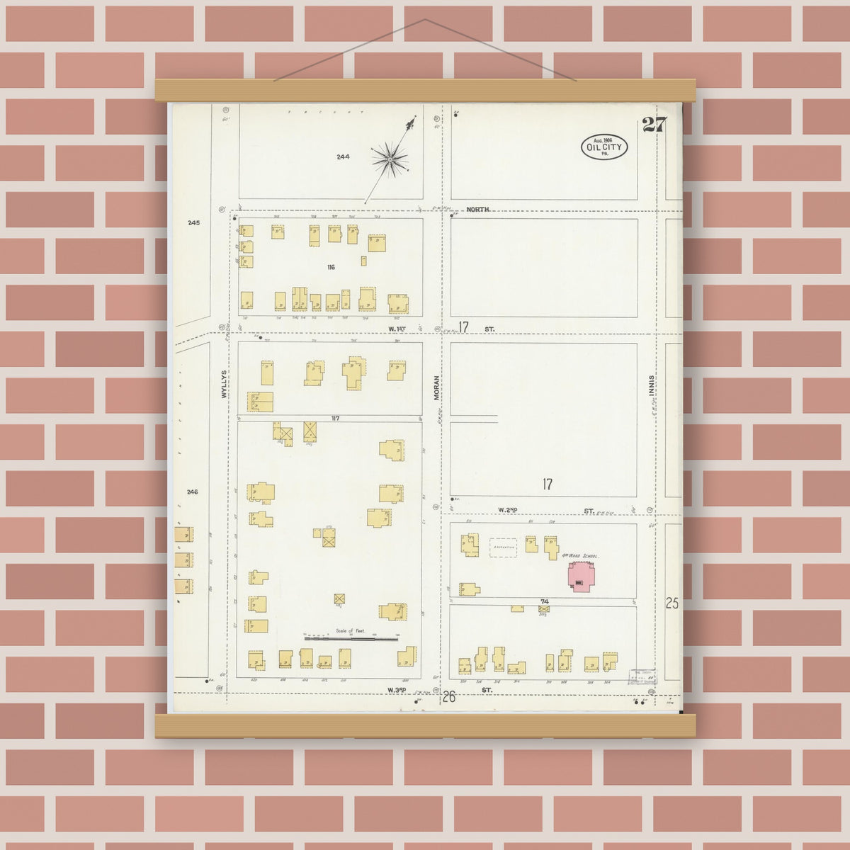 Old map wall art mockup — magnetic wood frame on brick wall — Sanborn Fire Insurance Map from Oil City, Venango County, Pennsylvania (1906), Sheet #0027