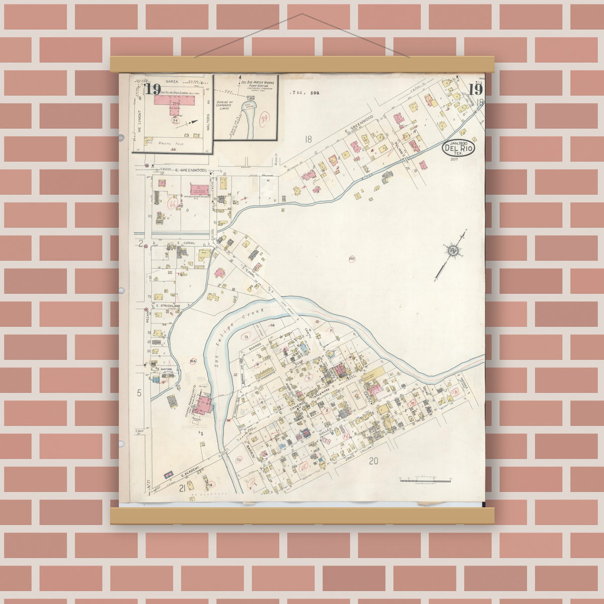 Old map wall art mockup — magnetic wood frame on brick wall — Sanborn Fire Insurance Map from Del Rio, Val Verde County, Texas (1948), Sheet #0019