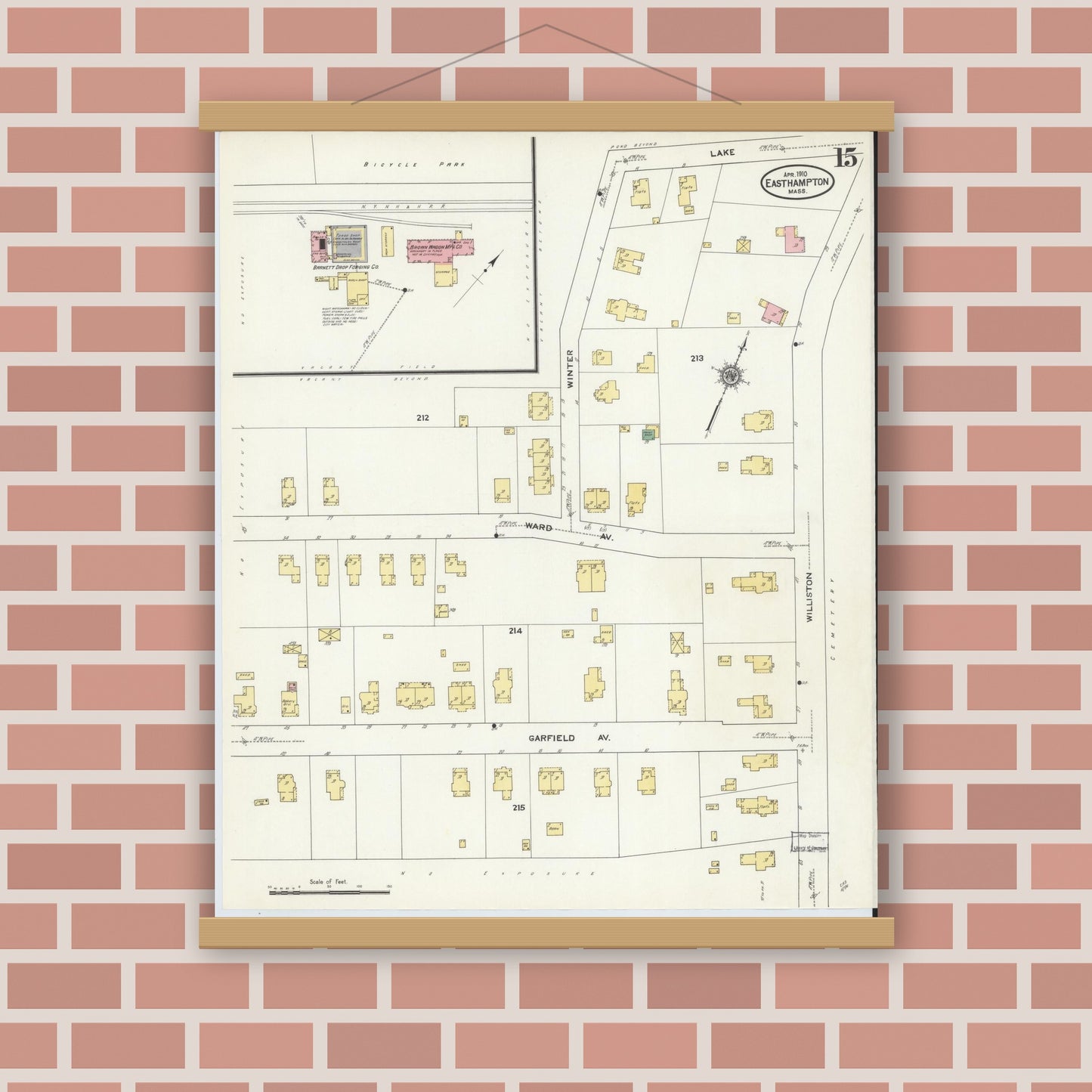 Old map wall art mockup — magnetic wood frame on brick wall — Sanborn Fire Insurance Map from East Hampton, Hampshire County, Massachusetts (1910), Sheet #0015