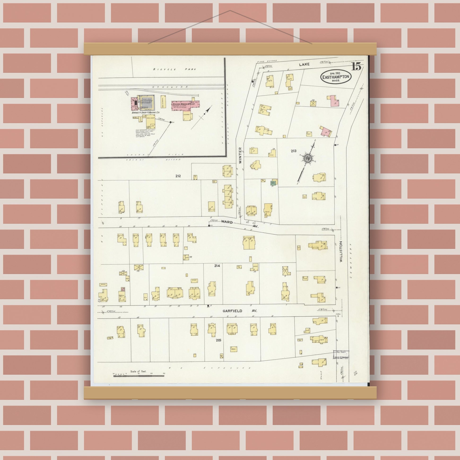 Old map wall art mockup — magnetic wood frame on brick wall — Sanborn Fire Insurance Map from East Hampton, Hampshire County, Massachusetts (1910), Sheet #0015