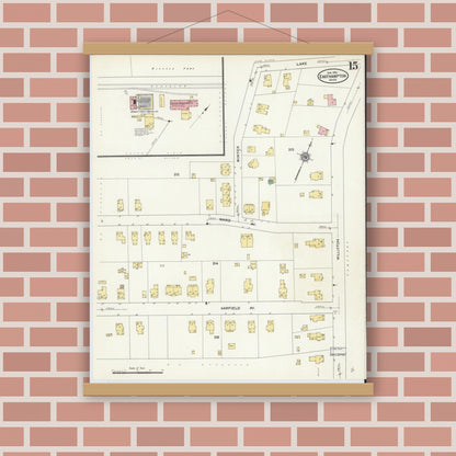 Old map wall art mockup — magnetic wood frame on brick wall — Sanborn Fire Insurance Map from East Hampton, Hampshire County, Massachusetts (1910), Sheet #0015