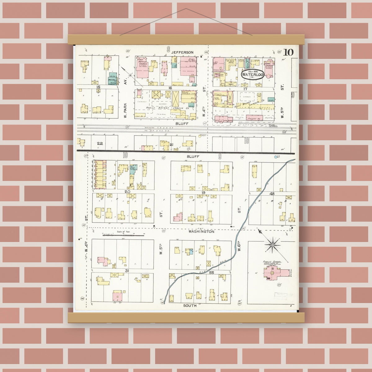 Old map wall art mockup — magnetic wood frame on brick wall — Sanborn Fire Insurance Map from Waterloo, Black Hawk County, Iowa (1892), Sheet #0010