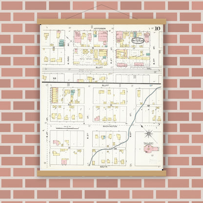 Old map wall art mockup — magnetic wood frame on brick wall — Sanborn Fire Insurance Map from Waterloo, Black Hawk County, Iowa (1892), Sheet #0010