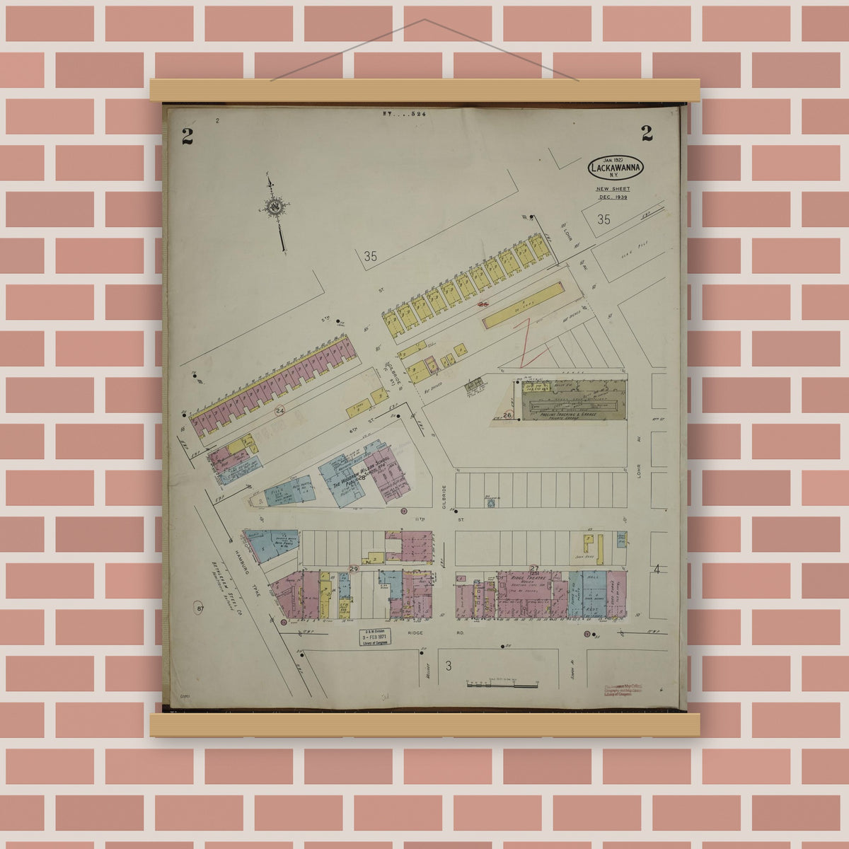 Old map wall art mockup — magnetic wood frame on brick wall — Sanborn Fire Insurance Map from Lackawanna, Erie County, New York (1950), Sheet #0002