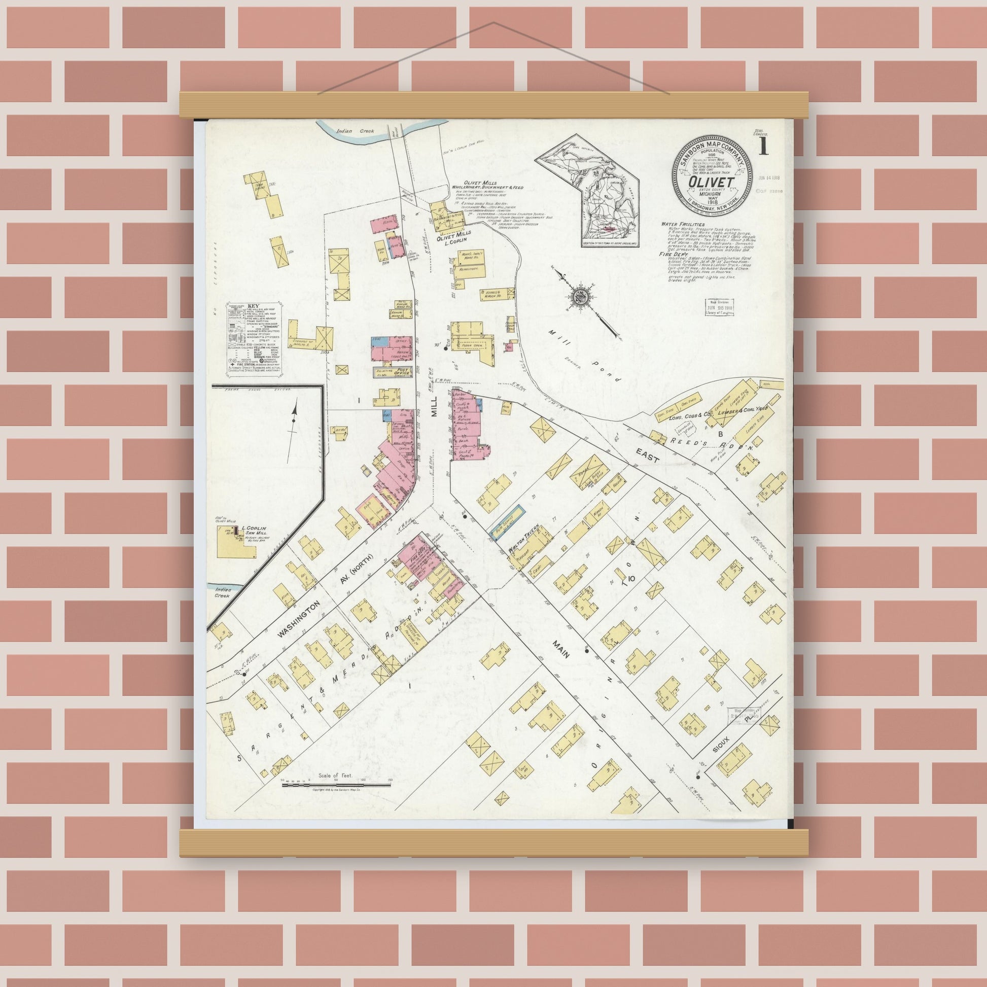 Old map wall art mockup — magnetic wood frame on brick wall — Sanborn Fire Insurance Map from Olivet, Eaton County, Michigan (1918) - Complete Map Set