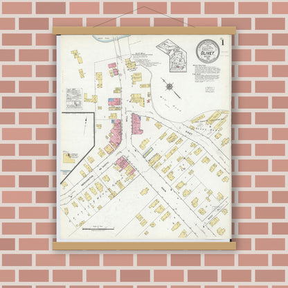 Old map wall art mockup — magnetic wood frame on brick wall — Sanborn Fire Insurance Map from Olivet, Eaton County, Michigan (1918) - Complete Map Set