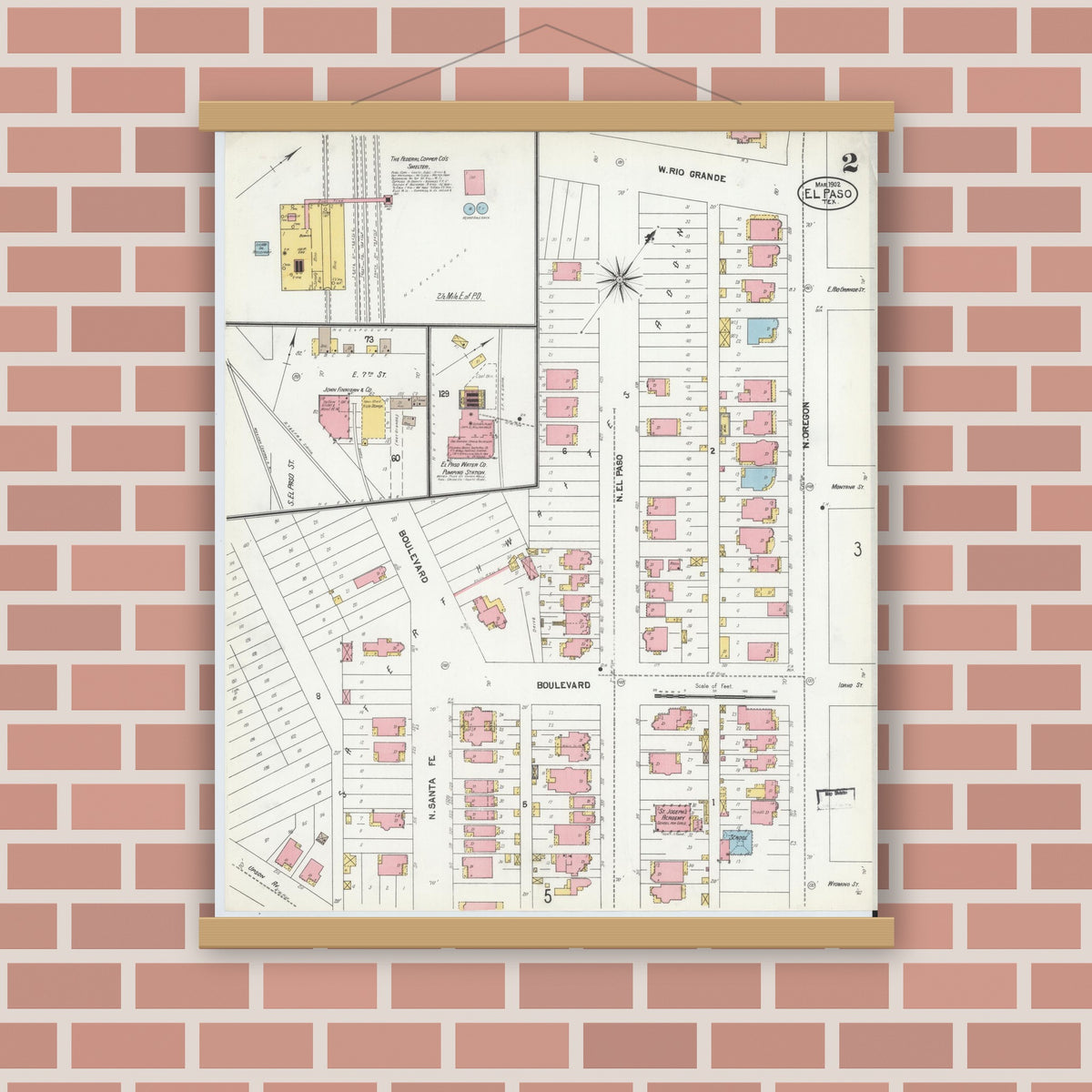 Old map wall art mockup — magnetic wood frame on brick wall — Sanborn Fire Insurance Map from El Paso, El Paso County, Texas (1902), Sheet #0002
