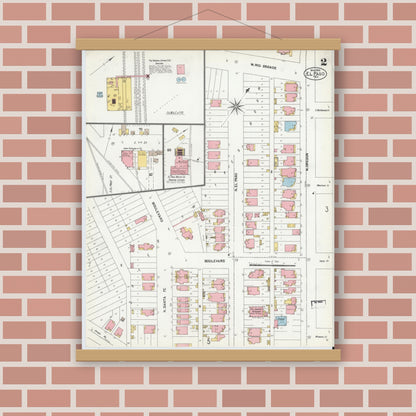 Old map wall art mockup — magnetic wood frame on brick wall — Sanborn Fire Insurance Map from El Paso, El Paso County, Texas (1902), Sheet #0002