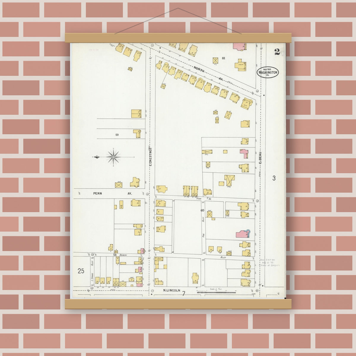 Old map wall art mockup — magnetic wood frame on brick wall — Sanborn Fire Insurance Map from Washington, Washington County, Pennsylvania (1900), Sheet #0002