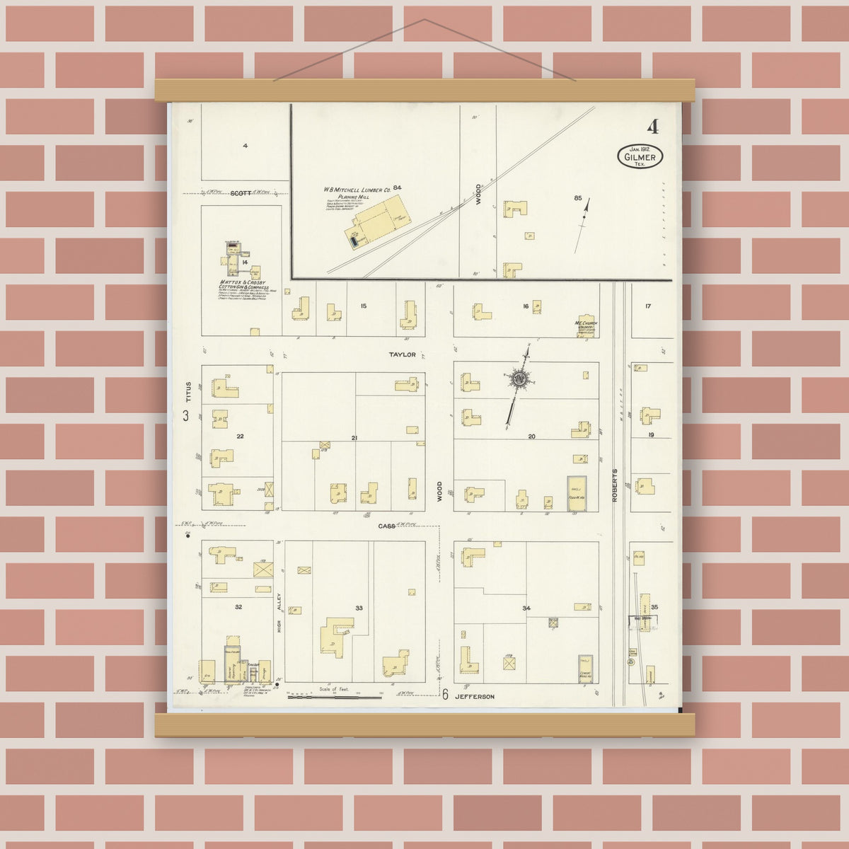 Old map wall art mockup — magnetic wood frame on brick wall — Sanborn Fire Insurance Map from Gilmer, Upshur County, Texas (1912), Sheet #0004