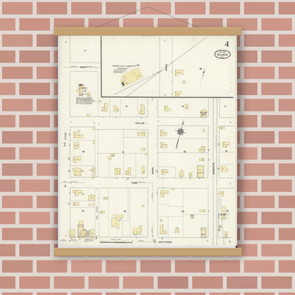 Old map wall art mockup — magnetic wood frame on brick wall — Sanborn Fire Insurance Map from Gilmer, Upshur County, Texas (1912), Sheet #0004