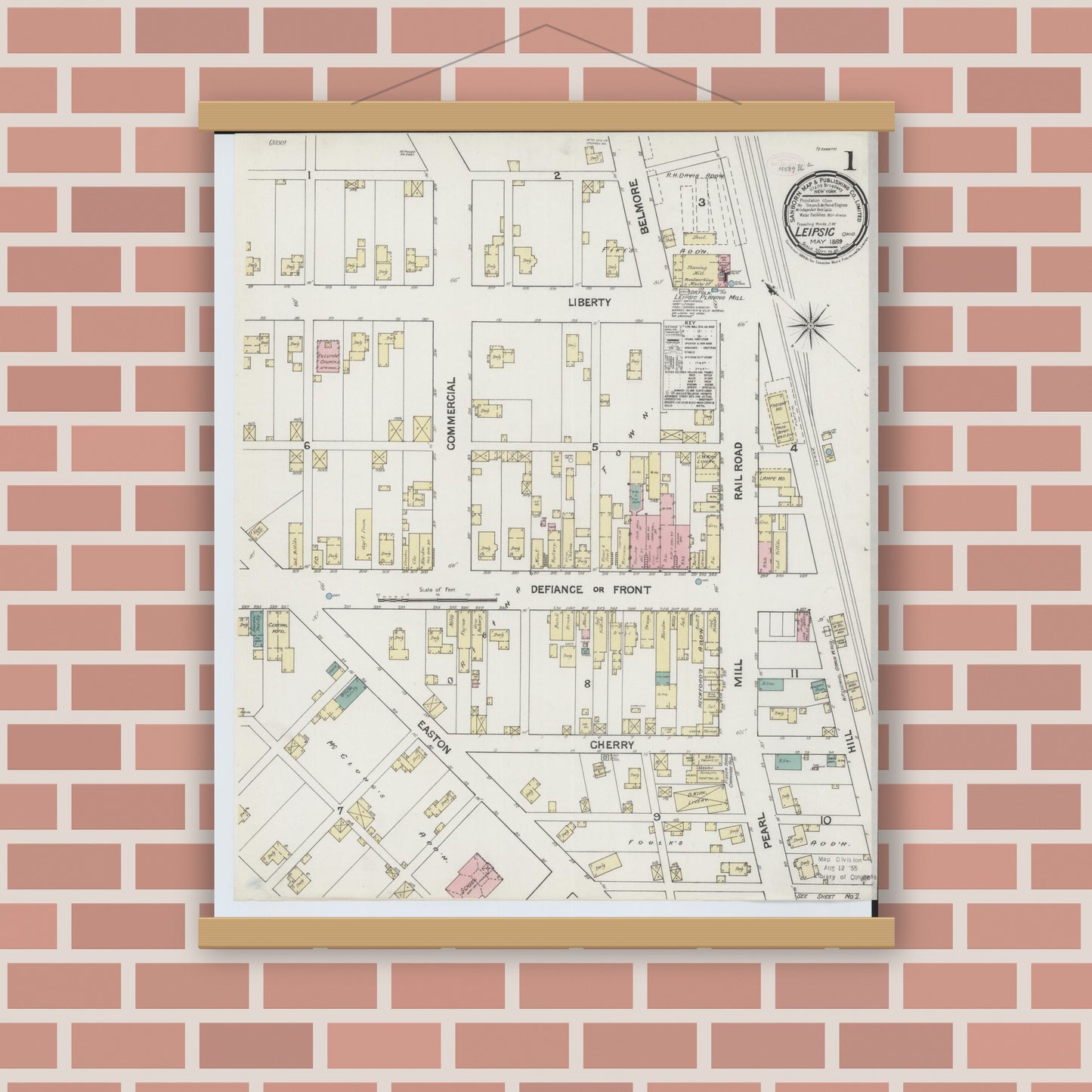 Old map wall art mockup — magnetic wood frame on brick wall — Sanborn Fire Insurance Map from Leipsic, Putnam County, Ohio (1889) - Complete Map Set