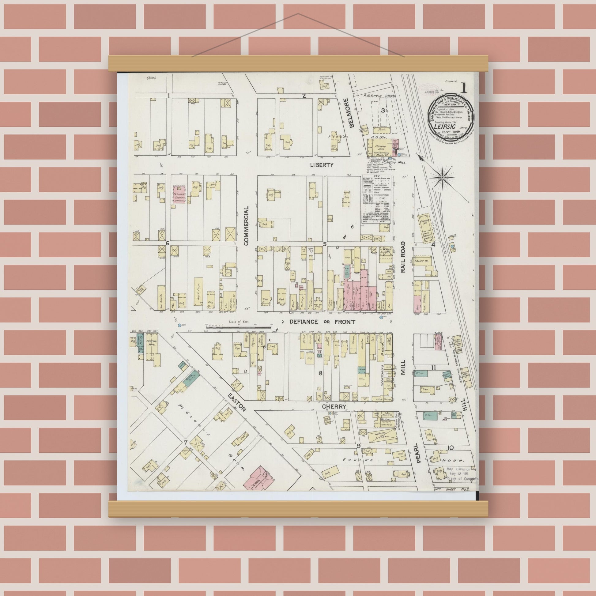 Old map wall art mockup — magnetic wood frame on brick wall — Sanborn Fire Insurance Map from Leipsic, Putnam County, Ohio (1889) - Complete Map Set
