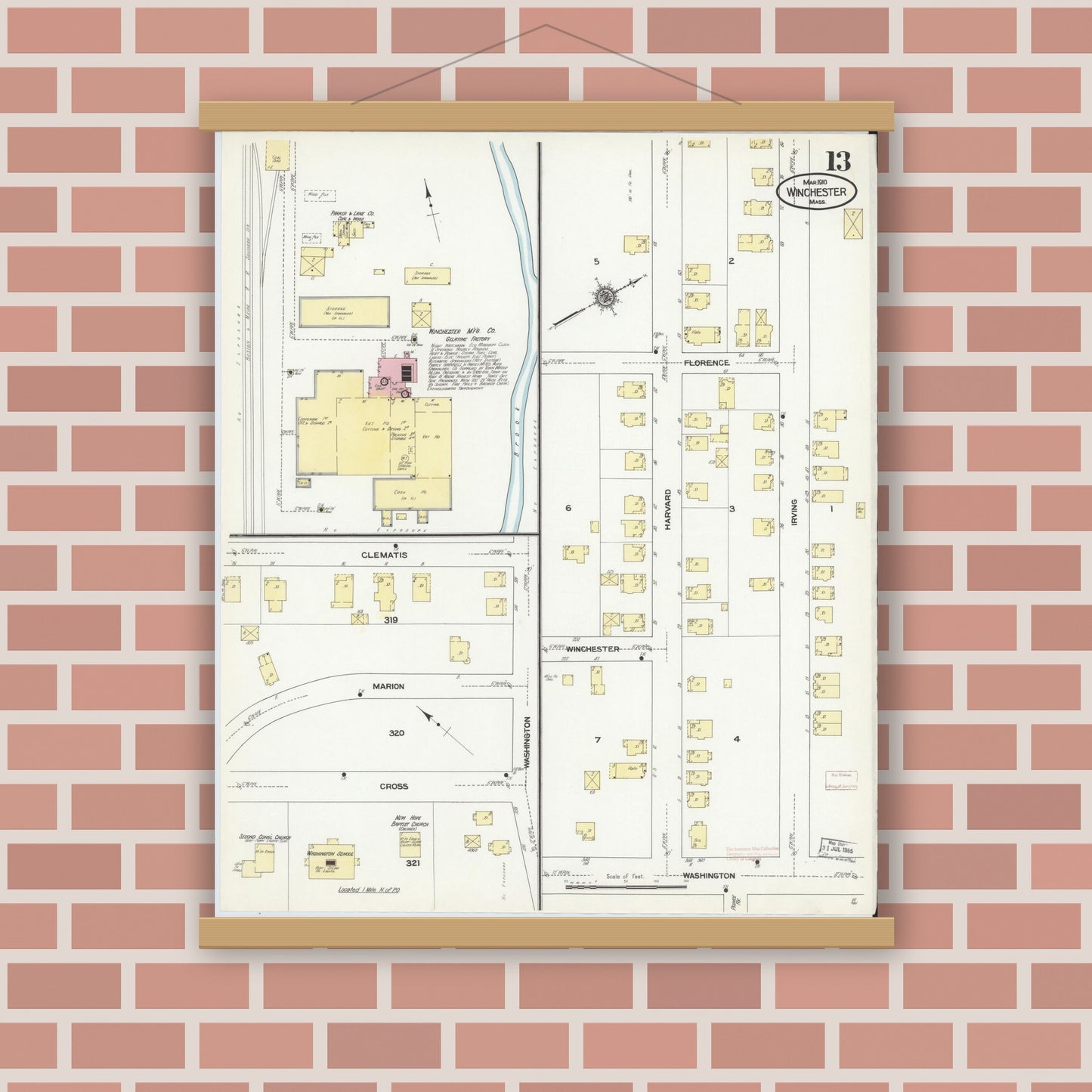 Old map wall art mockup — magnetic wood frame on brick wall — Sanborn Fire Insurance Map from Winchester, Middlesex County, Massachusetts (1910), Sheet #0013