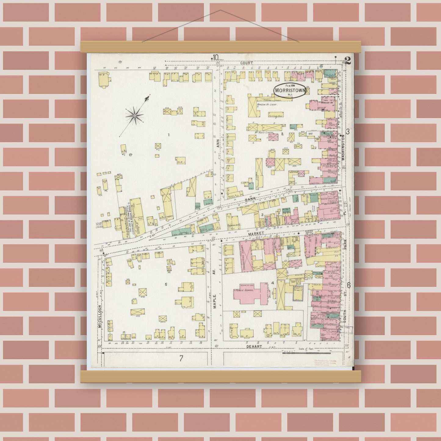 Old map wall art mockup — magnetic wood frame on brick wall — Sanborn Fire Insurance Map from Morristown, Morris County, New Jersey (1896) - Complete Map Set