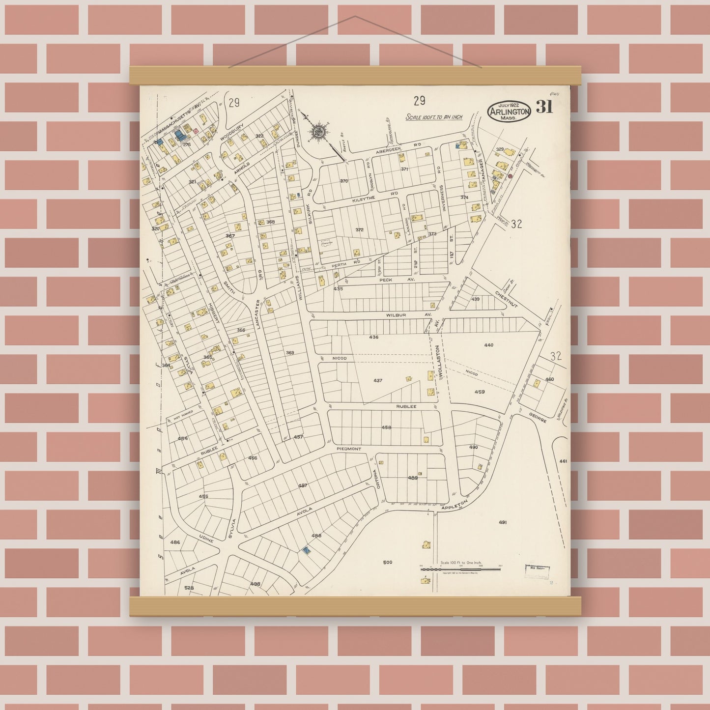 Old map wall art mockup — magnetic wood frame on brick wall — Sanborn Fire Insurance Map from Arlington, Middlesex County, Massachusetts (1922), Sheet #0031